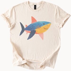 Colorful Shark Graphic Tee with Hand Drawn Style Art